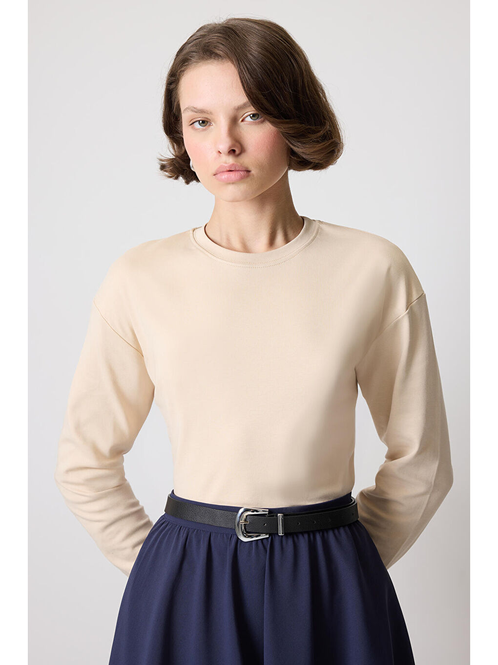 Bej %100 Pamuklu Uzun Kollu T-Shırt-1