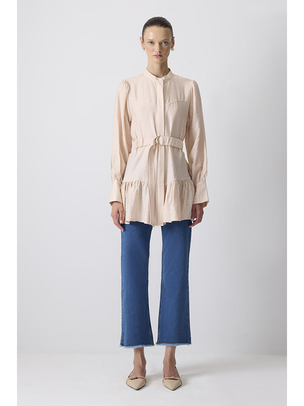 Pembe Doğal Dokulu Kemerli Tunik