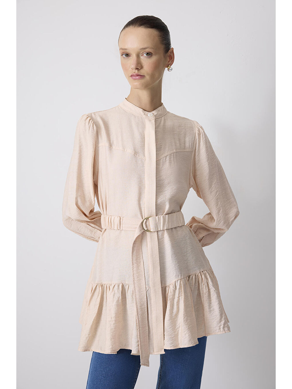 Pembe Doğal Dokulu Kemerli Tunik-1