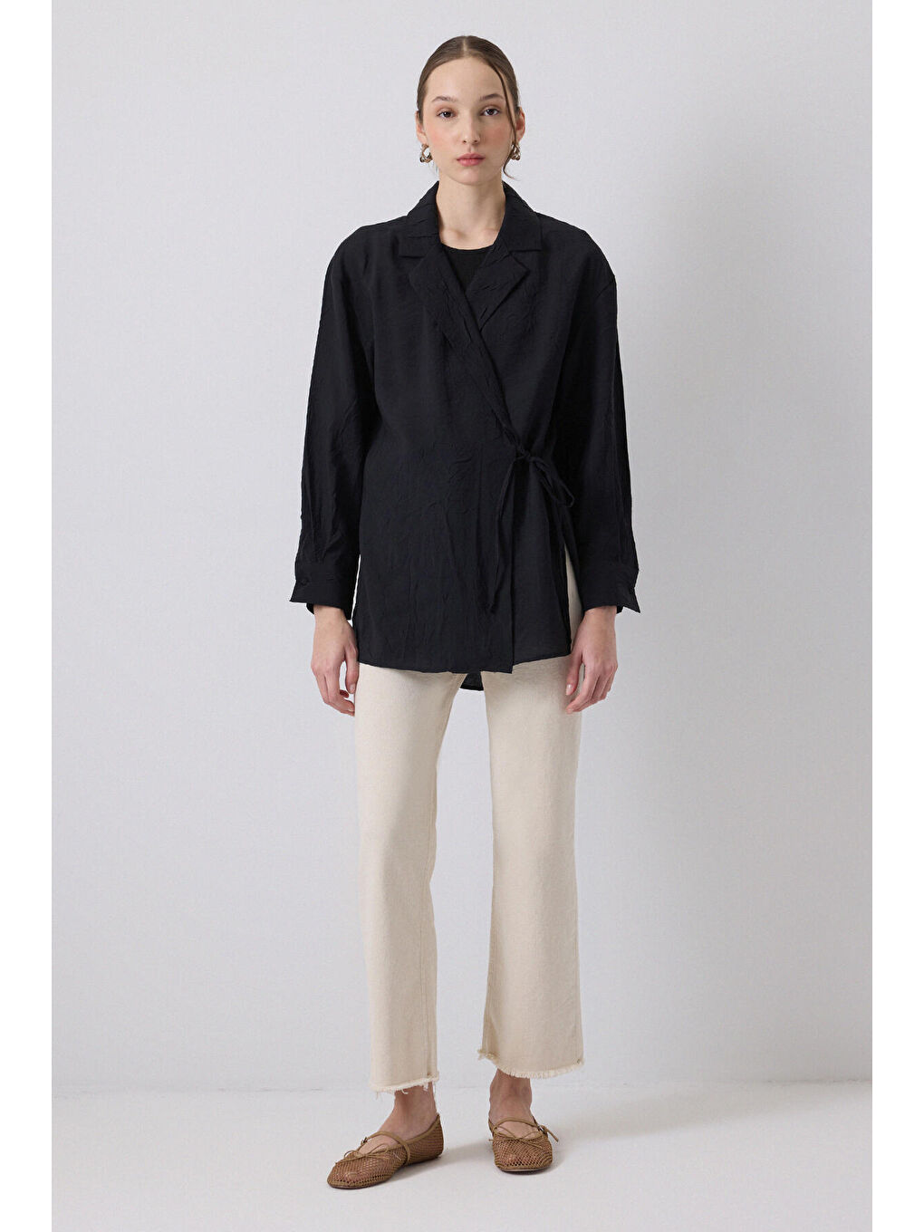 Siyah Crushlı Kruvaze Kimono