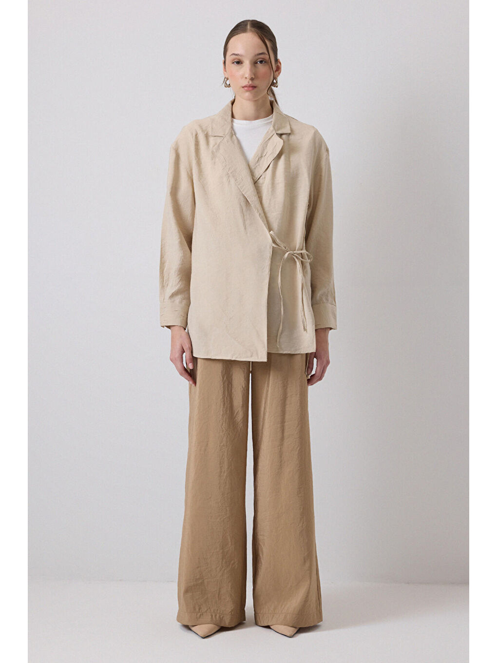 Bej Crushlı Kruvaze Kimono