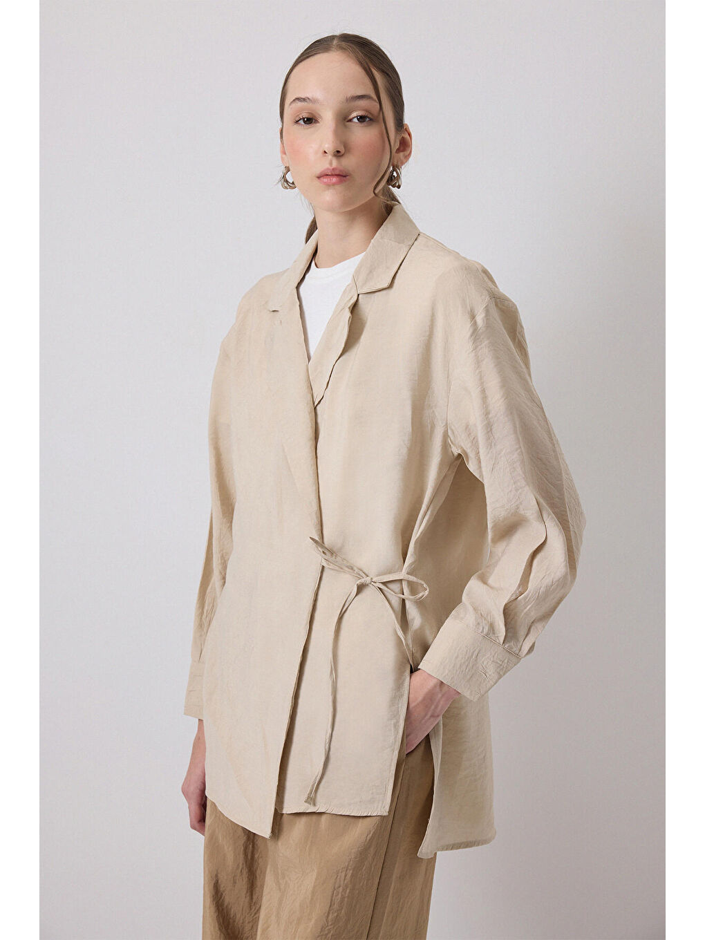 Bej Crushlı Kruvaze Kimono-1