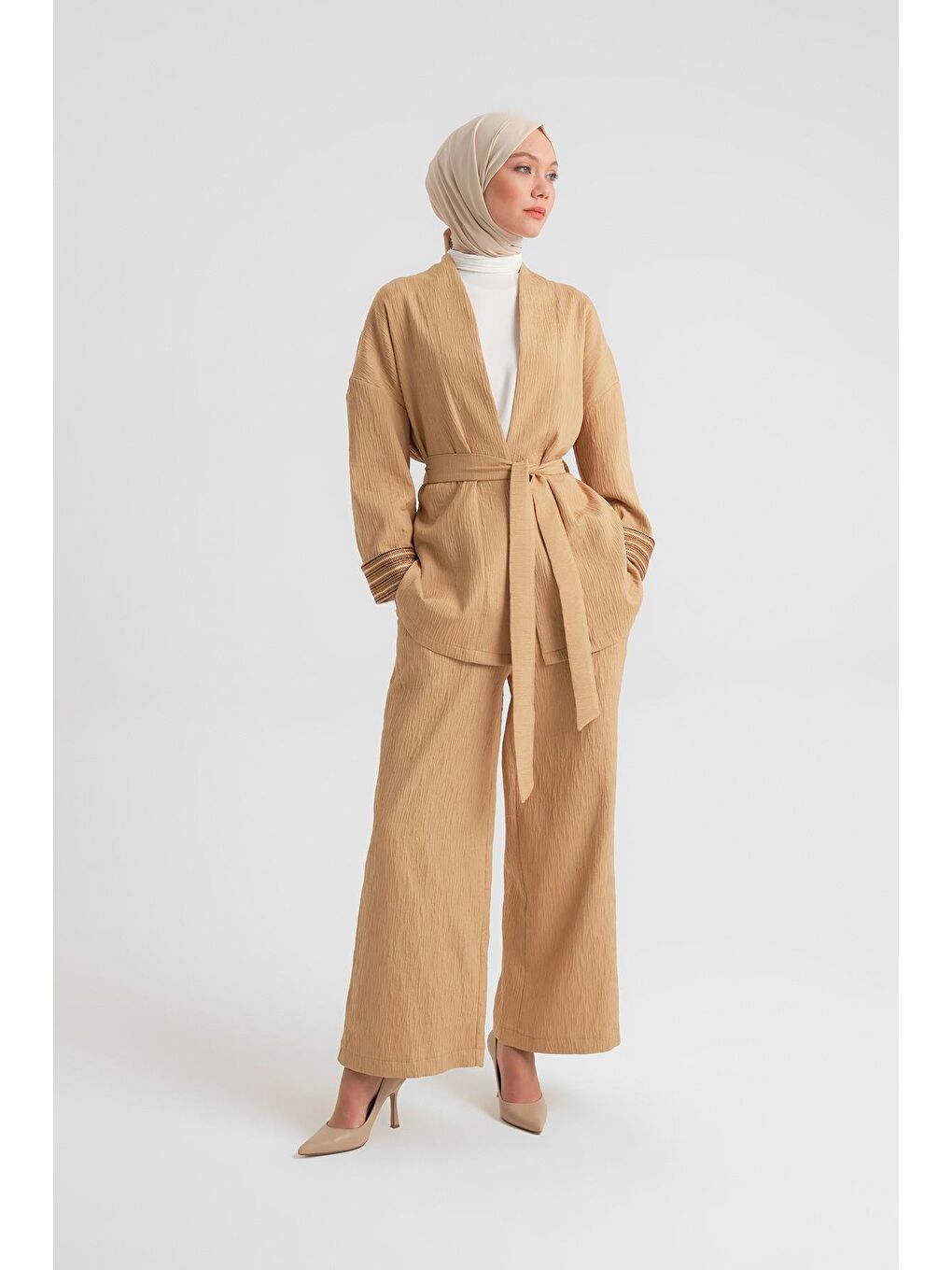 Kahverengi Dokulu Kumaştan Kimono Takım 24Y6812 Camel