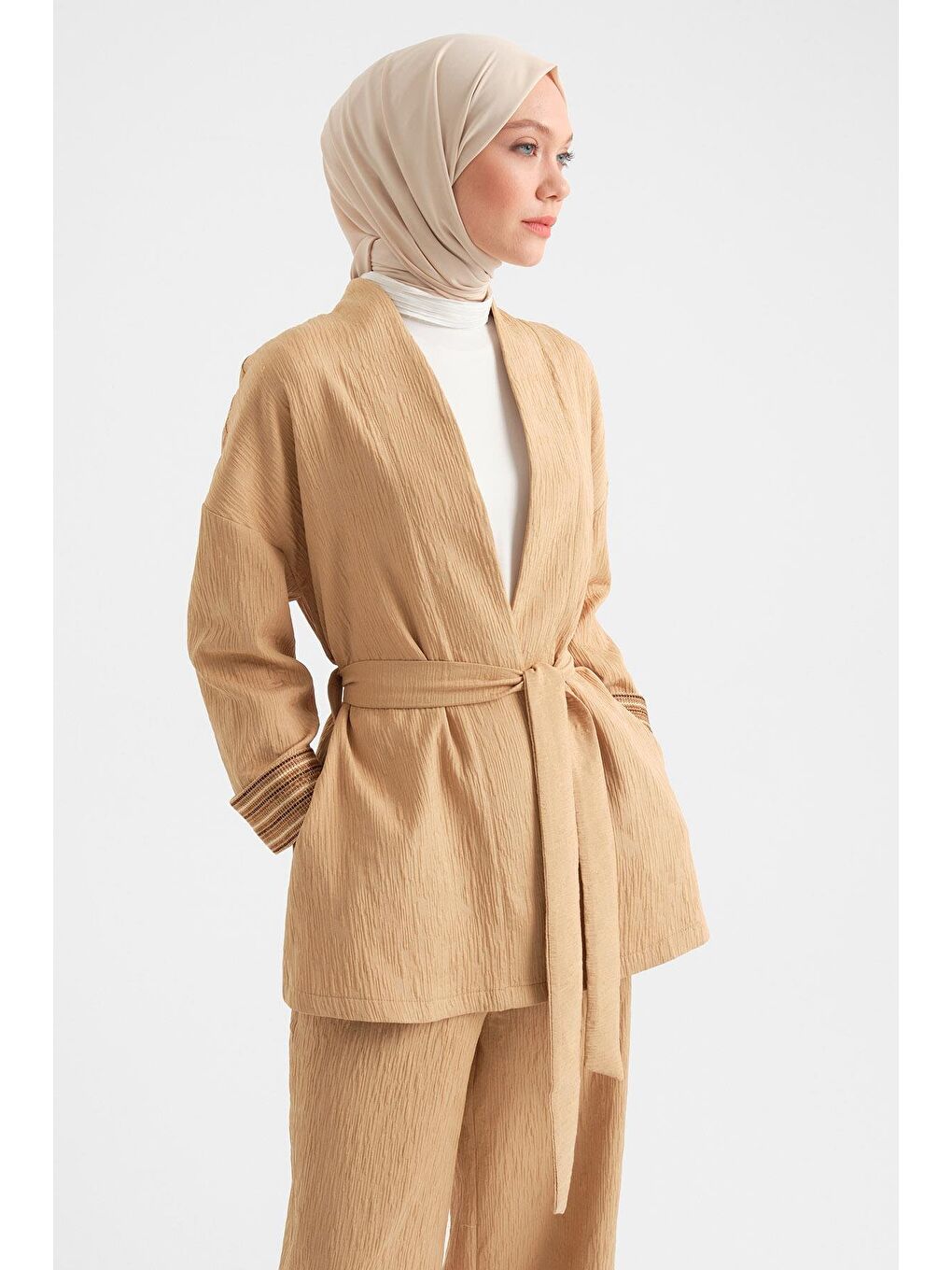 Kahverengi Dokulu Kumaştan Kimono Takım 24Y6812 Camel-3