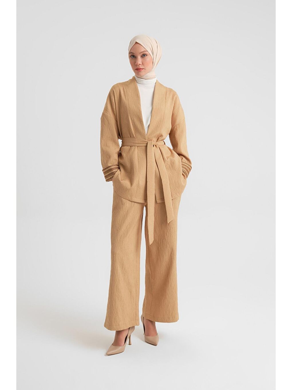 Kahverengi Dokulu Kumaştan Kimono Takım 24Y6812 Camel-5