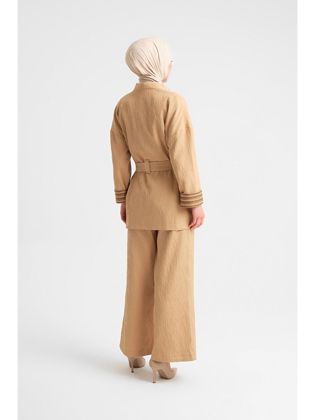 Kahverengi Dokulu Kumaştan Kimono Takım 24Y6812 Camel-8
