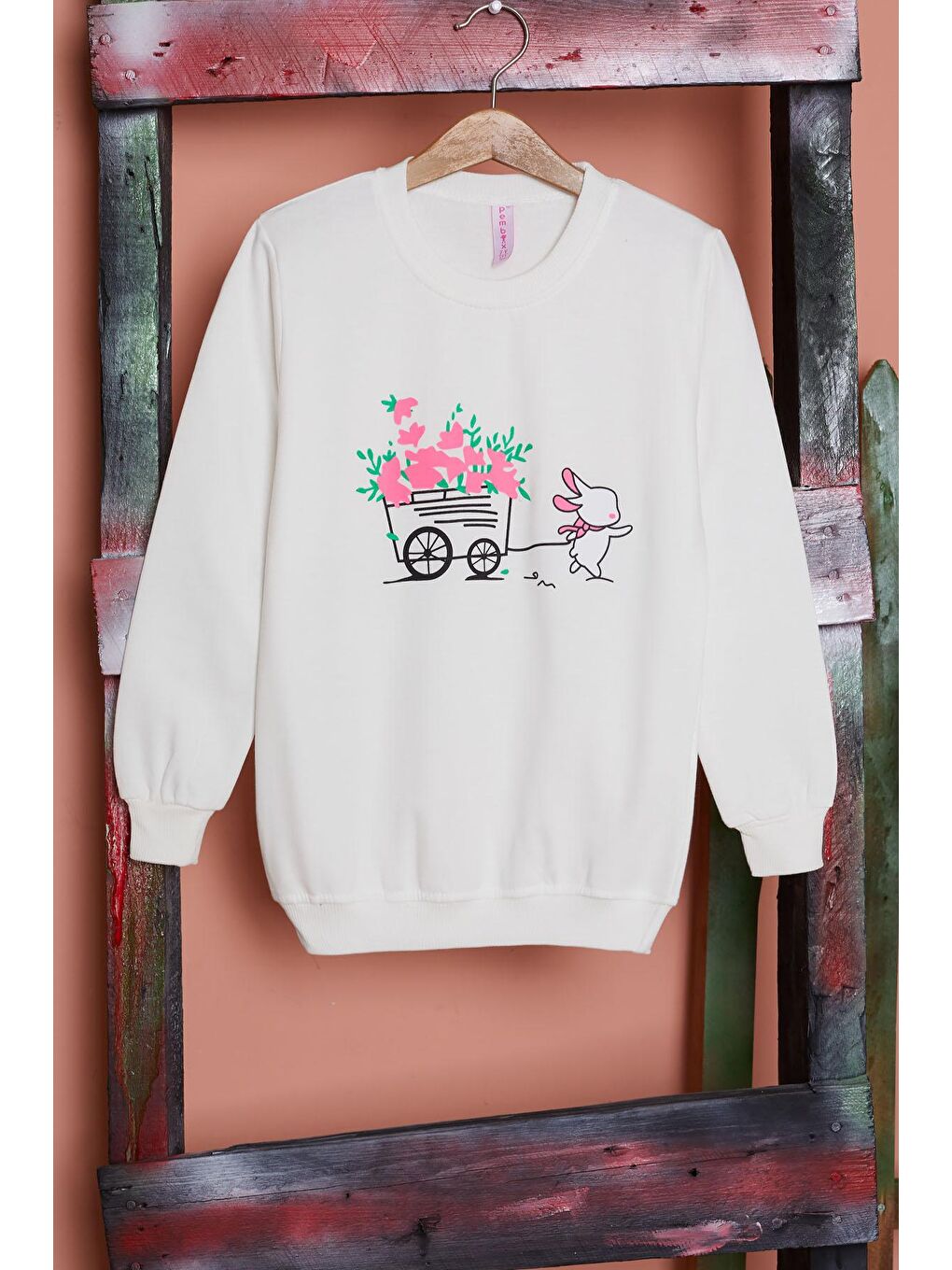 Ekru Çiçekli Tavşan Baskılı Kız Çocuk Sweatshirt 17275-1