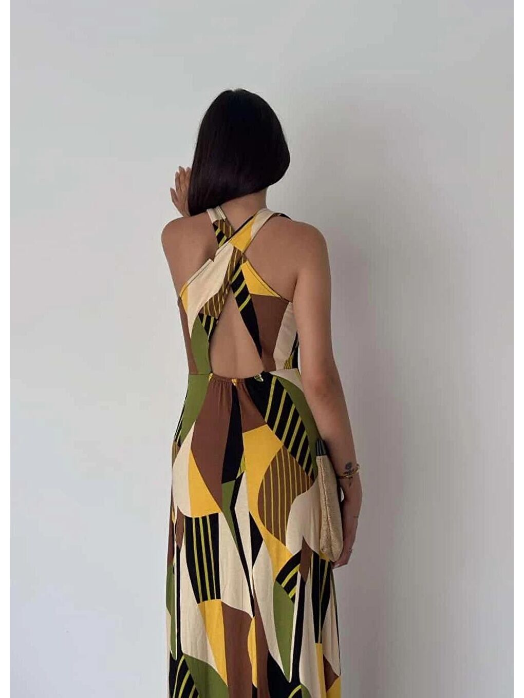 Sarı Desenli Sırt Çapraz Detay Elbise-2