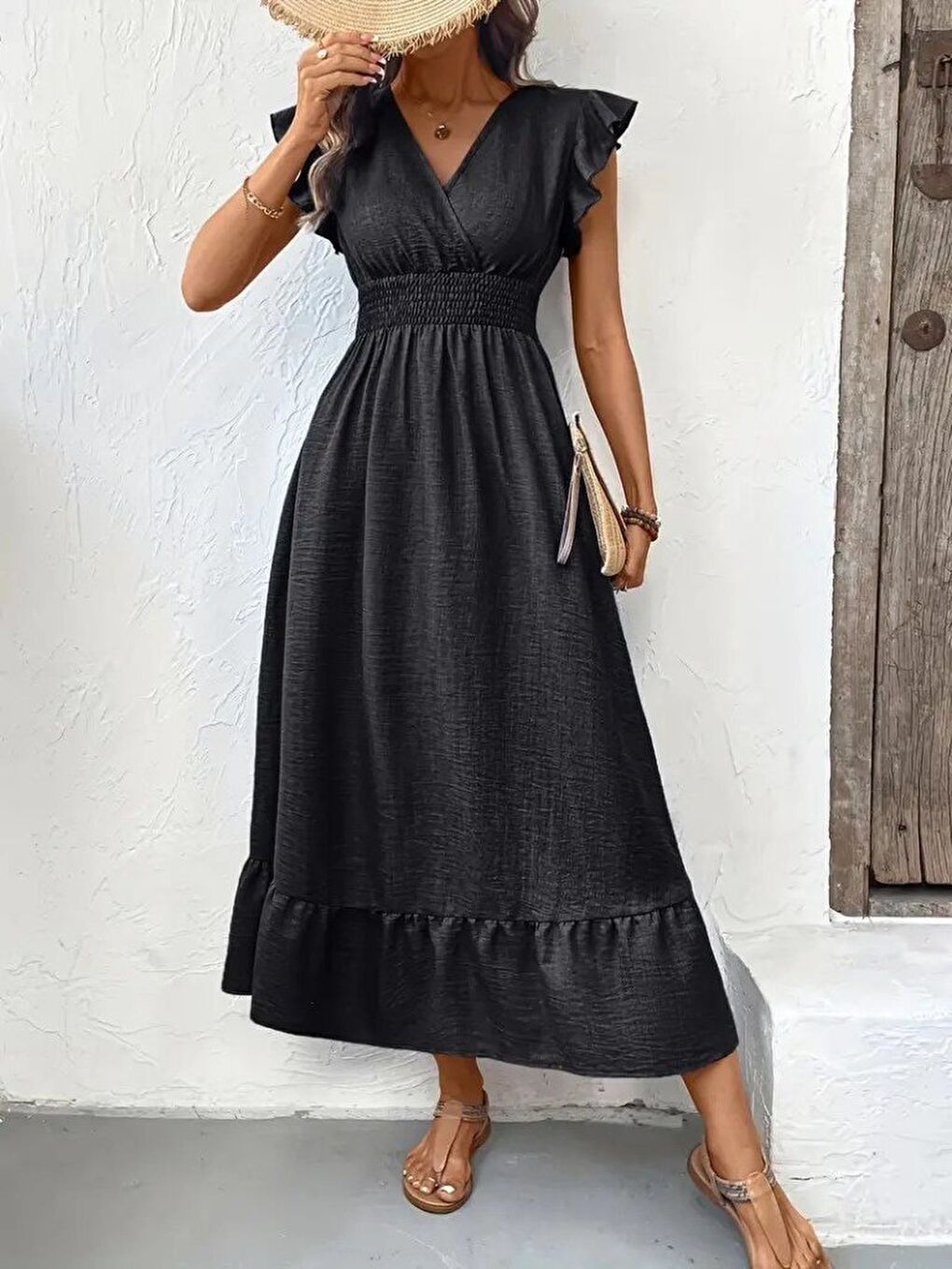 Siyah Kadın Kısa Kelebek Kollu Kruvaze Yakalı Beli Lastikli Aerobin Elbise-3