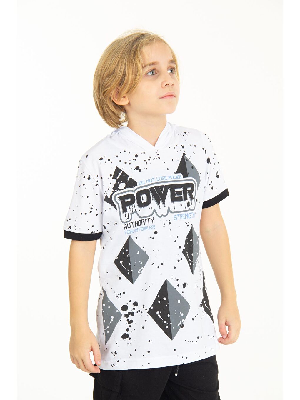 Beyaz Erkek Çocuk Kapüşonlu Tshirt 4-14 Yaş 14254