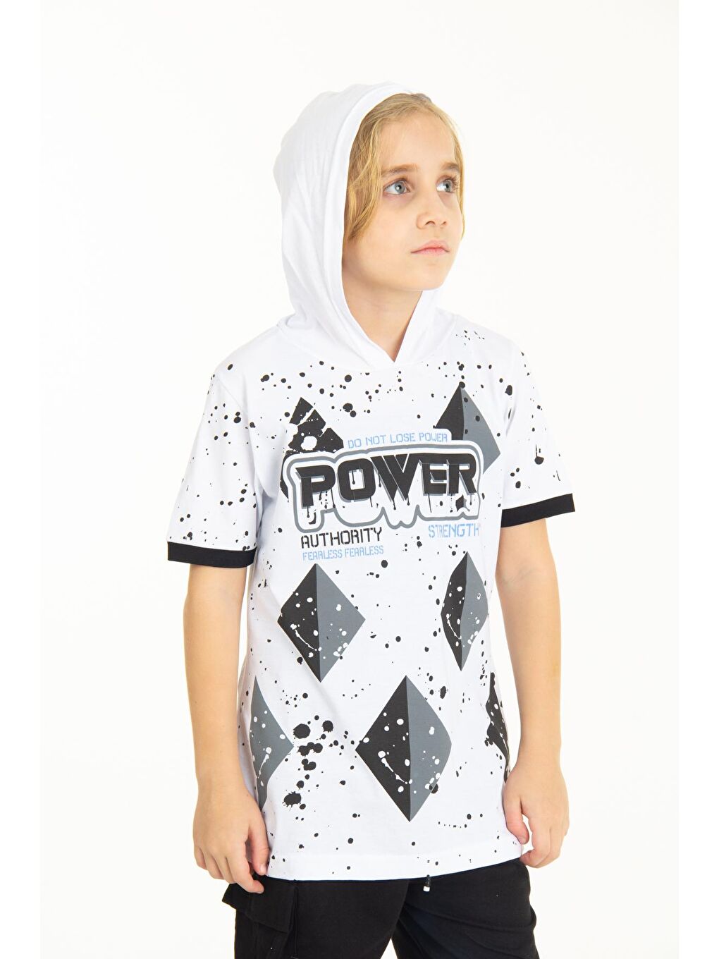 Beyaz Erkek Çocuk Kapüşonlu Tshirt 4-14 Yaş 14254-1