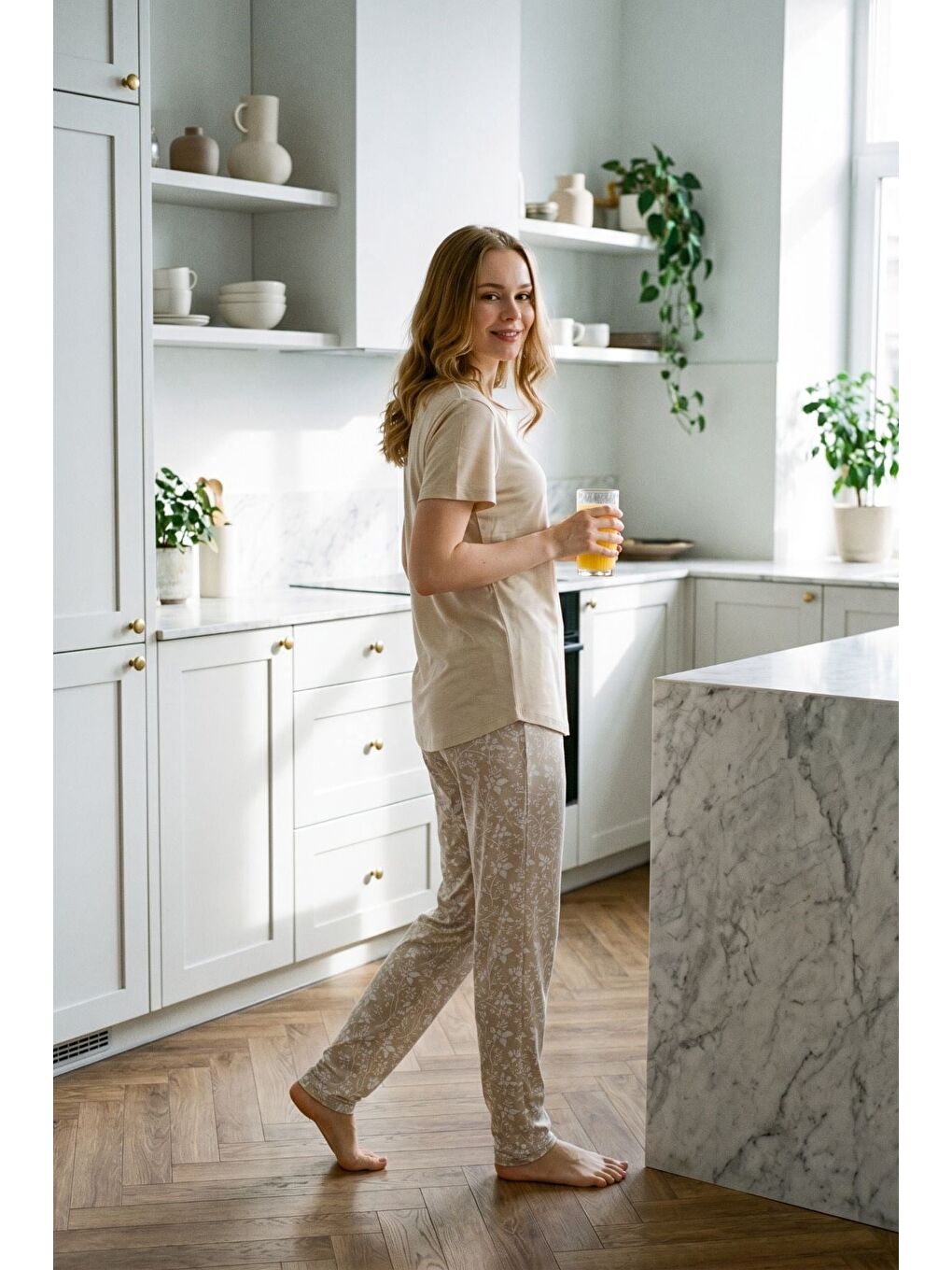 Damla Yaka Yarım Düğmeli Pijama Takımı Bej-512182