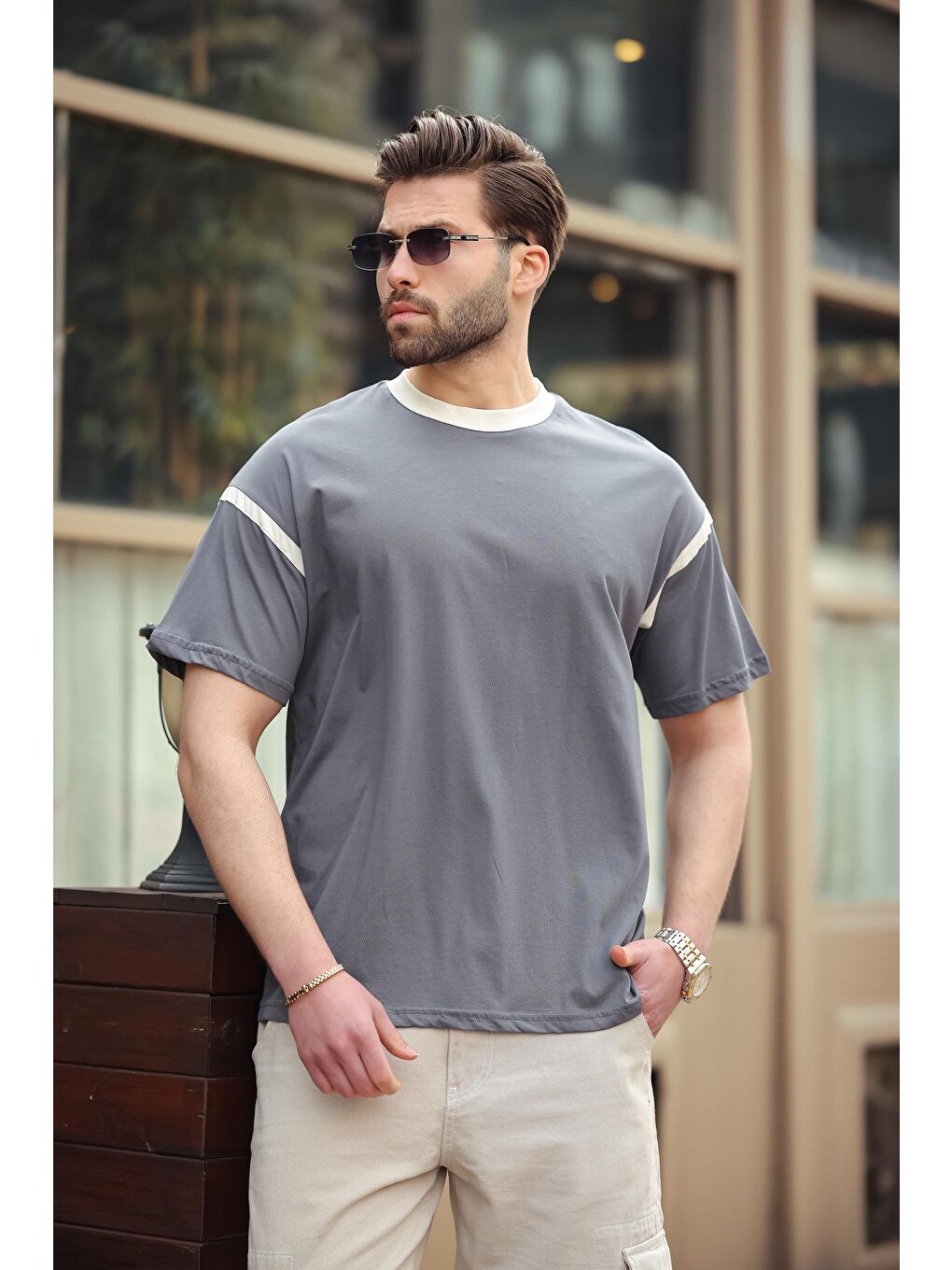 Gri Füme Bisiklet Yaka Regular Fit Erkek %100 Pamuk Tişört E7126-1