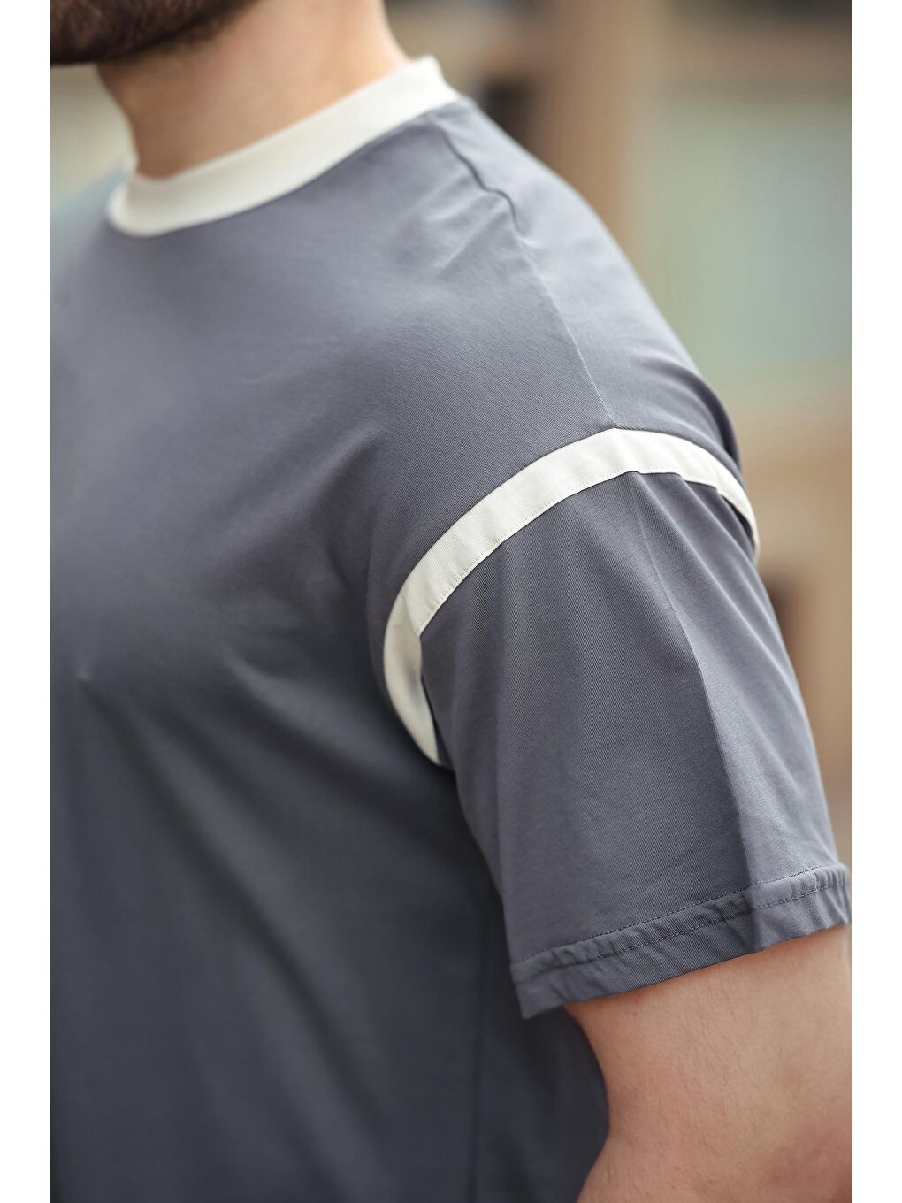 Gri Füme Bisiklet Yaka Regular Fit Erkek %100 Pamuk Tişört E7126-2