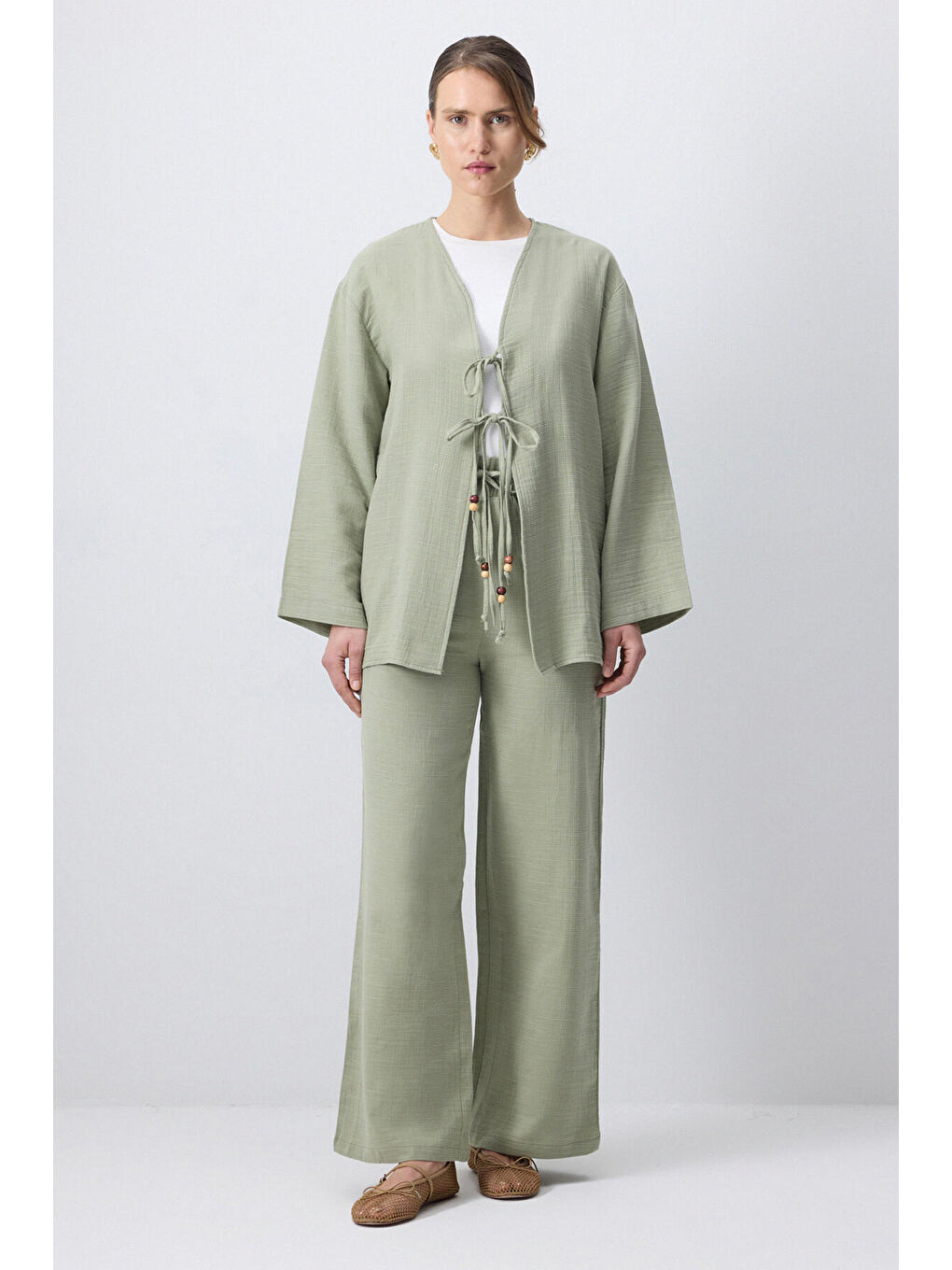 Yeşil Önden Bağlamalı Kimono Pantolon Takım