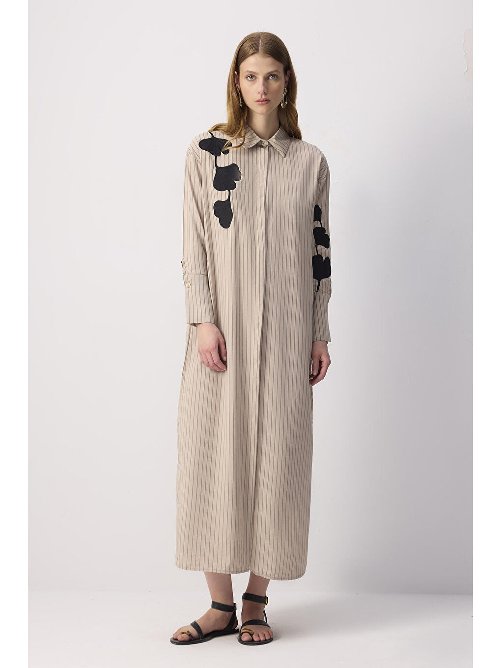 Bej Nakış Detaylı Gömlek Elbise