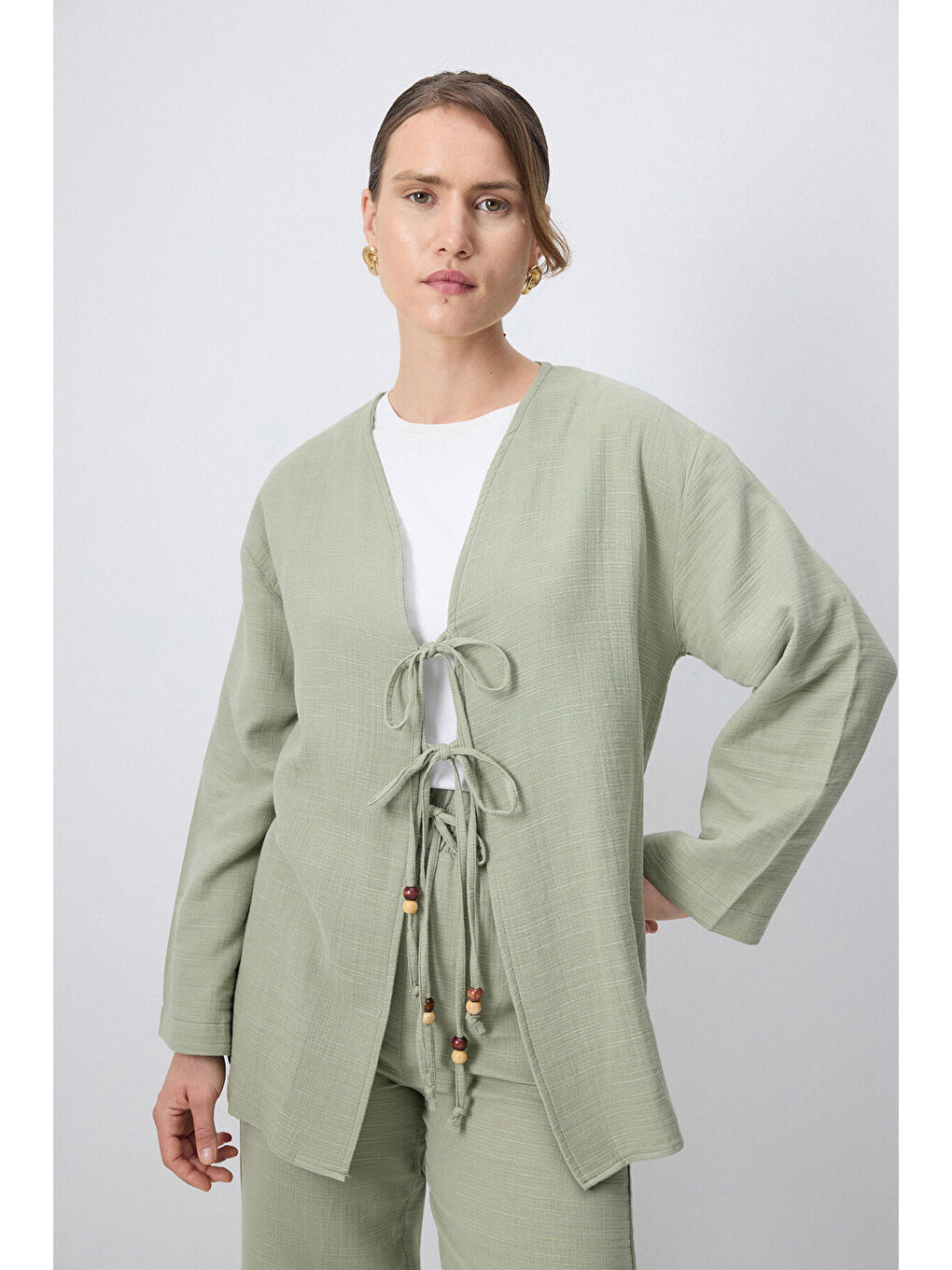 Yeşil Önden Bağlamalı Kimono Pantolon Takım-1