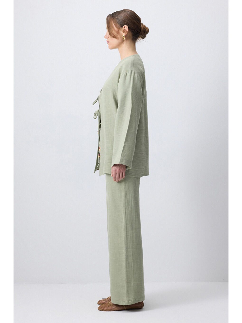 Yeşil Önden Bağlamalı Kimono Pantolon Takım-2