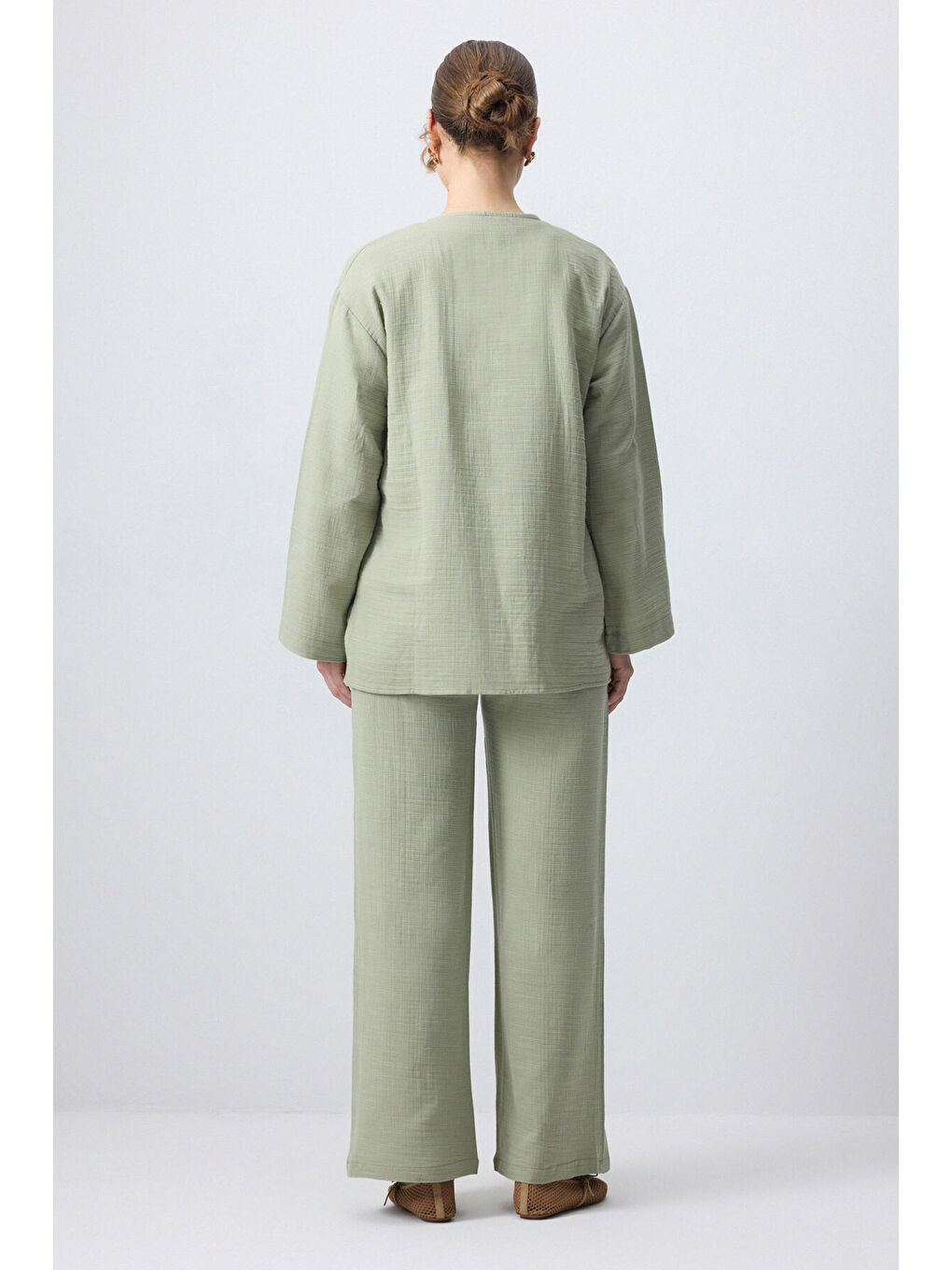 Yeşil Önden Bağlamalı Kimono Pantolon Takım-3