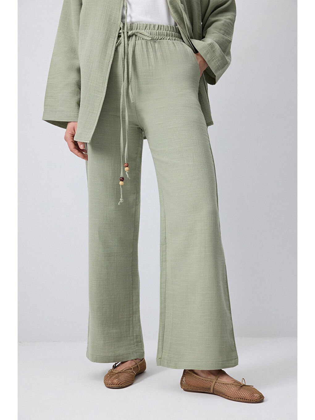 Yeşil Önden Bağlamalı Kimono Pantolon Takım-4