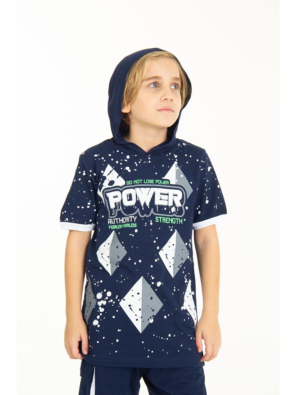 Lacivert Erkek Çocuk Kapüşonlu Tshirt 4-14 Yaş 14254-1