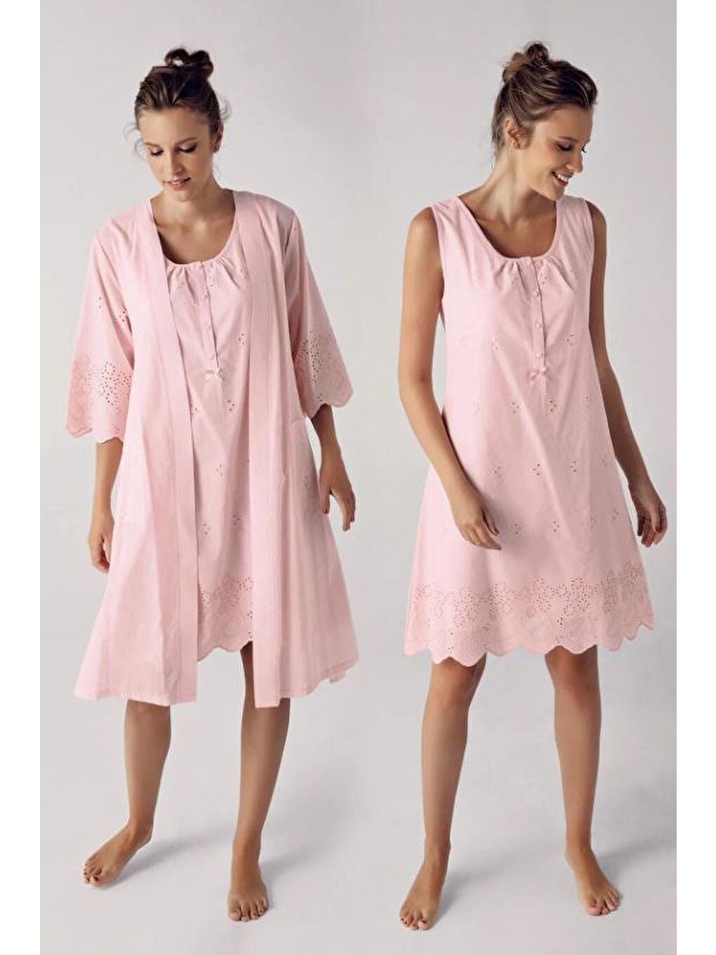 Pembe Dokuma Pamuklu Lohusa Gecelik Sabahlık Takım 10402