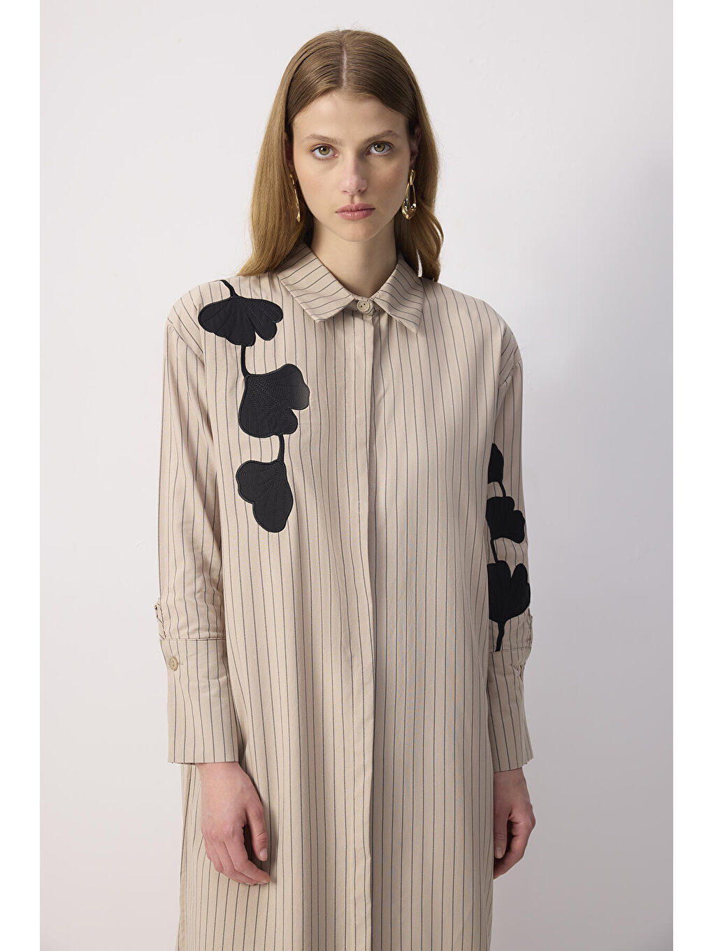 Bej Nakış Detaylı Gömlek Elbise-1