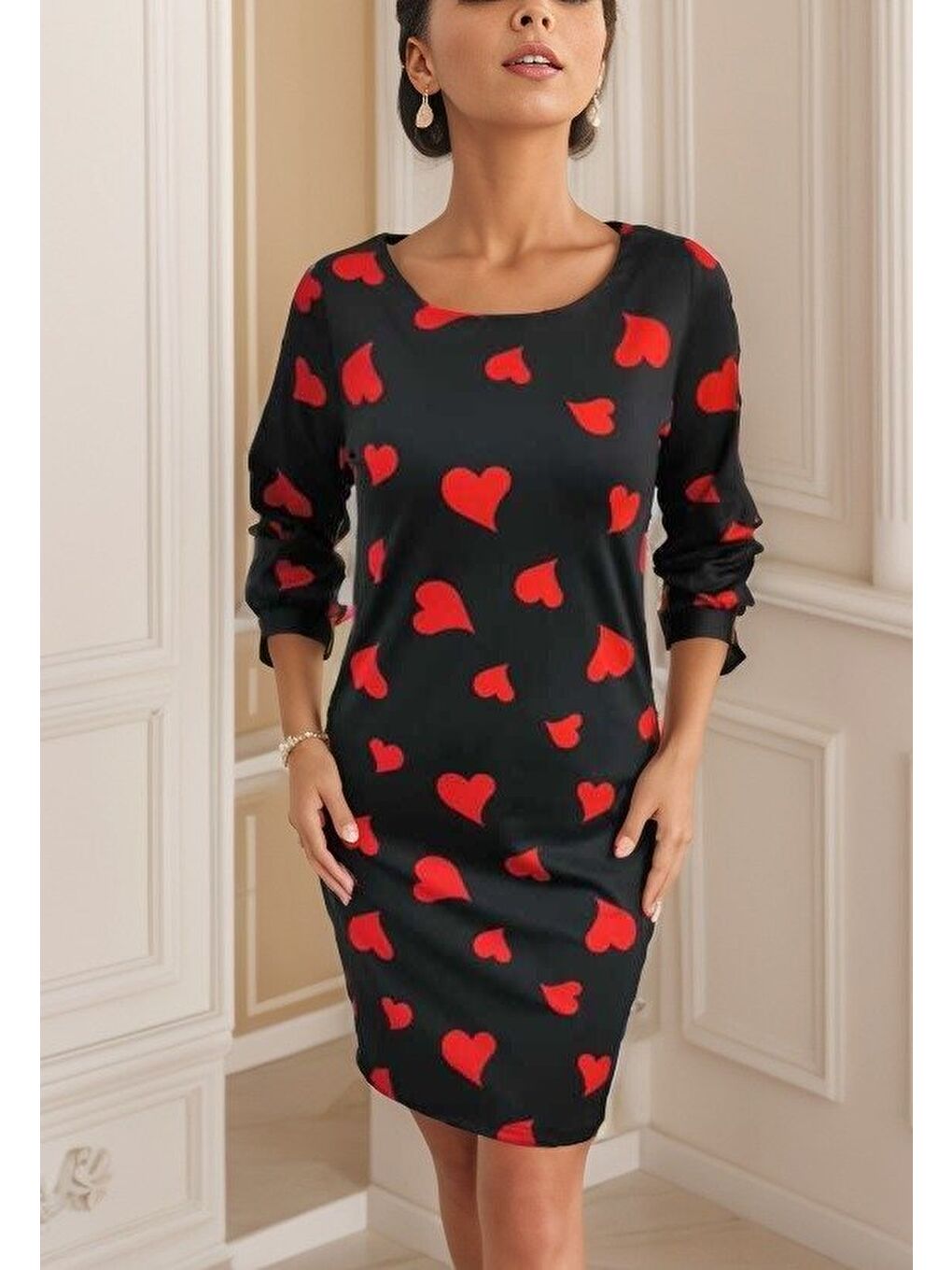 Kırmızı Kadın Uzun Kollu Bisiklet Yaka Dalgıç Mini Boy Elbise-2