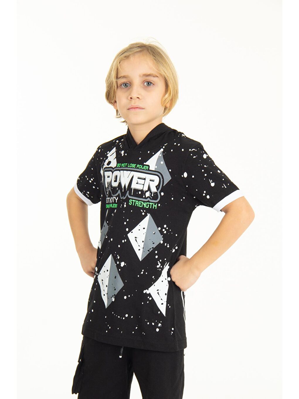 Siyah Erkek Çocuk Kapüşonlu Tshirt 4-14 Yaş 14254