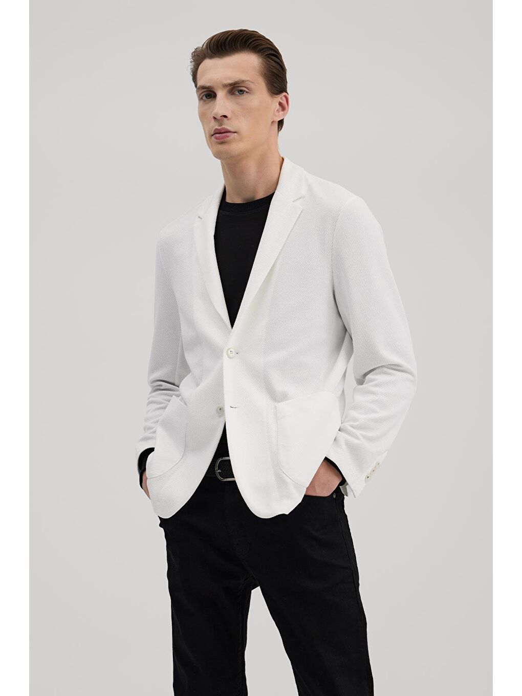Beyaz Slim Fit Mono Yaka Torba Cep Ceket-1