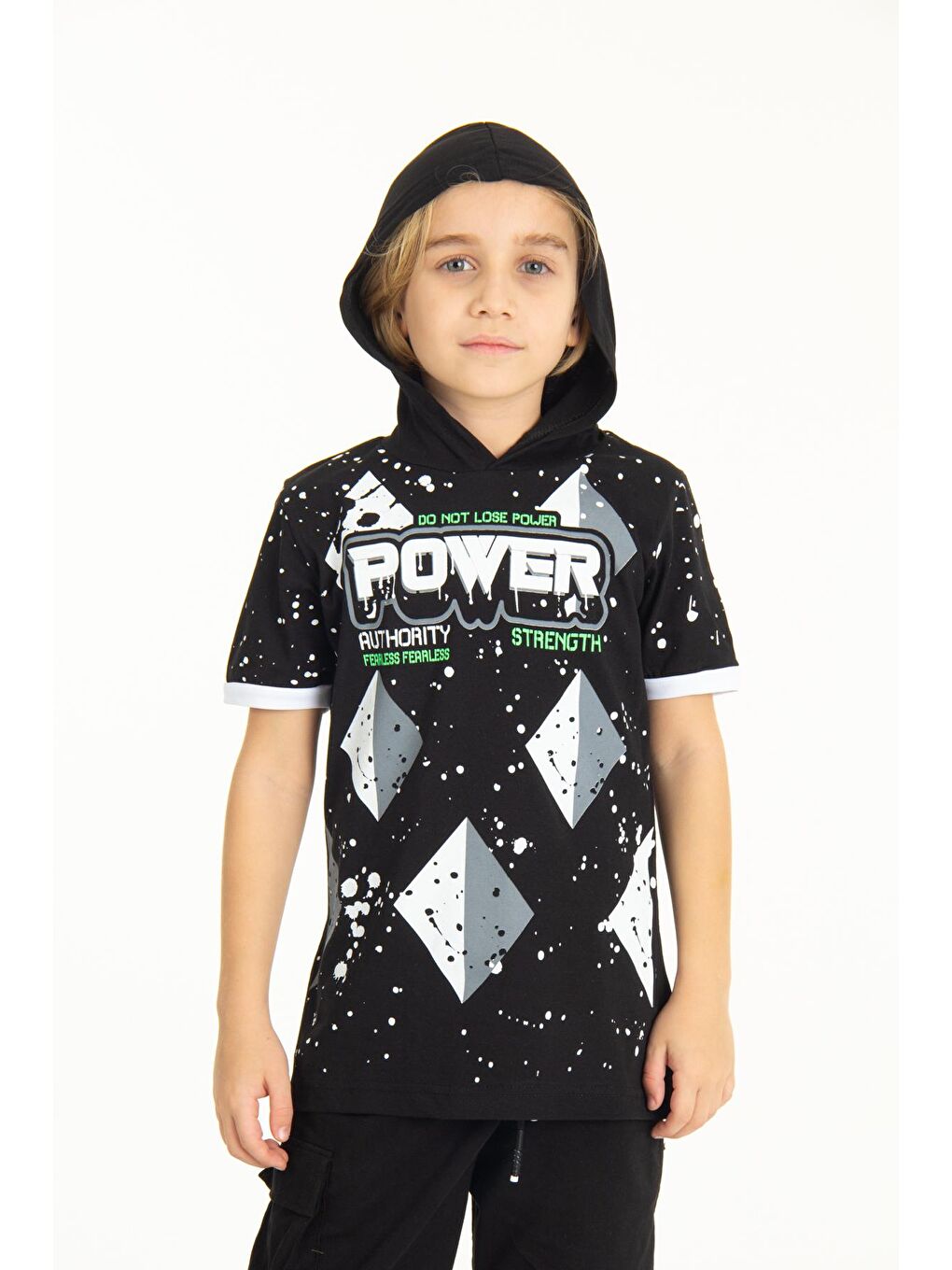 Siyah Erkek Çocuk Kapüşonlu Tshirt 4-14 Yaş 14254-1