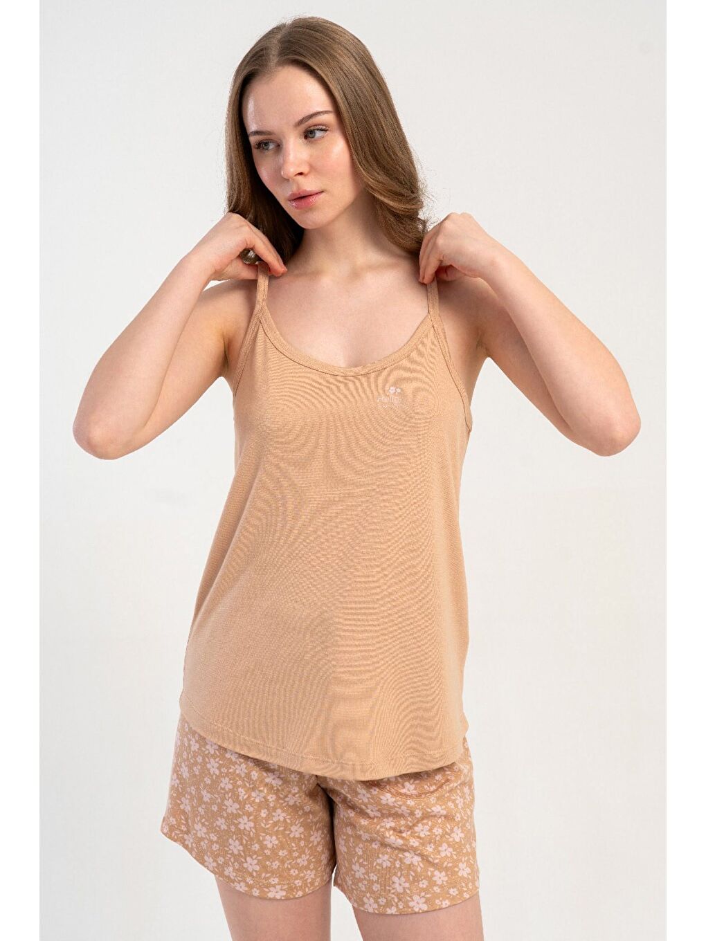 Kahverengi İp Askılı Şortlu Pijama Takımı Açık Kahve-512195-1