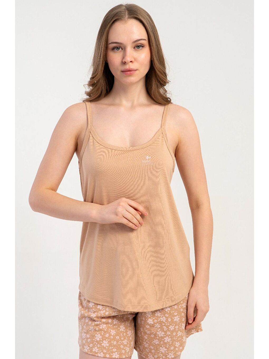 Kahverengi İp Askılı Şortlu Pijama Takımı Açık Kahve-512195-2