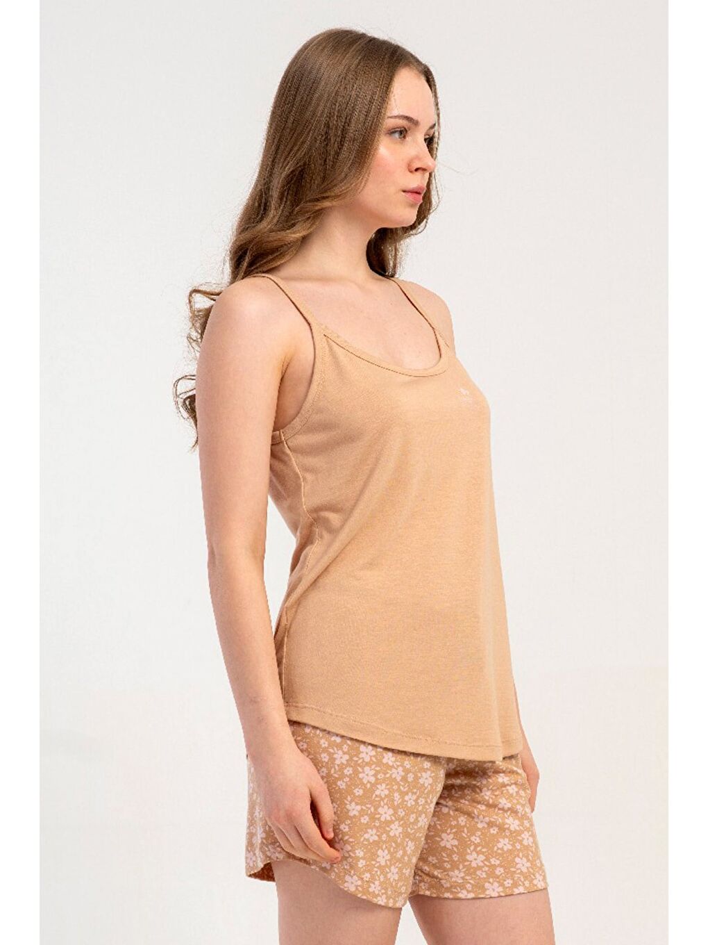 Kahverengi İp Askılı Şortlu Pijama Takımı Açık Kahve-512195-3