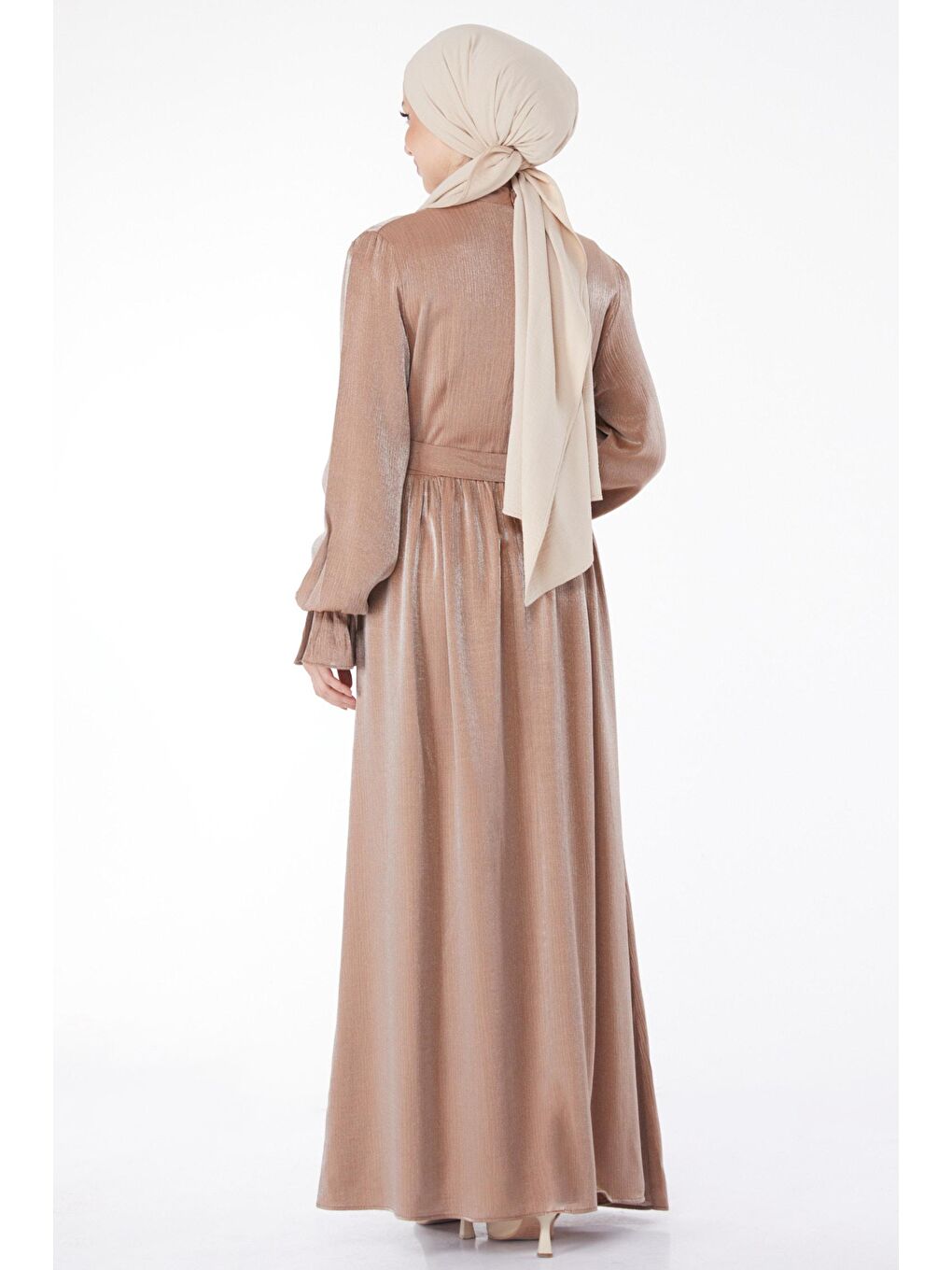 Bej Düz Hakim Yaka Kadın Vizon Taş Detaylı Kuşaklı Elbise - 25077-4
