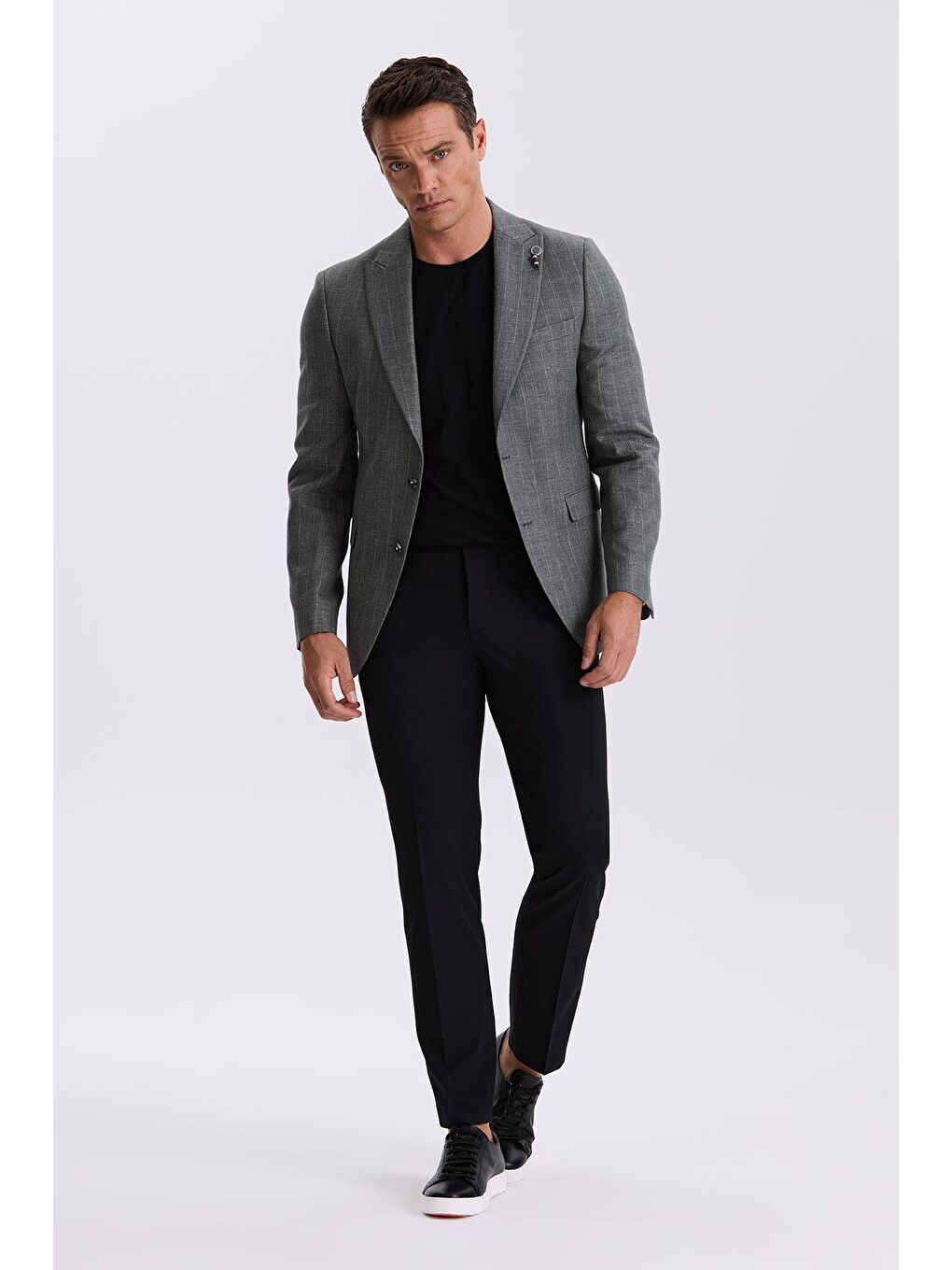 Gri Slim Fit Kırlangıç Yaka Çizgili Keten Pamuk Mevsimlik Ceket-1