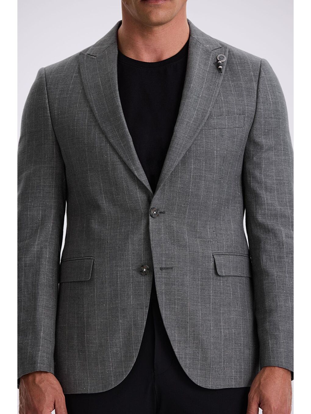 Gri Slim Fit Kırlangıç Yaka Çizgili Keten Pamuk Mevsimlik Ceket-2
