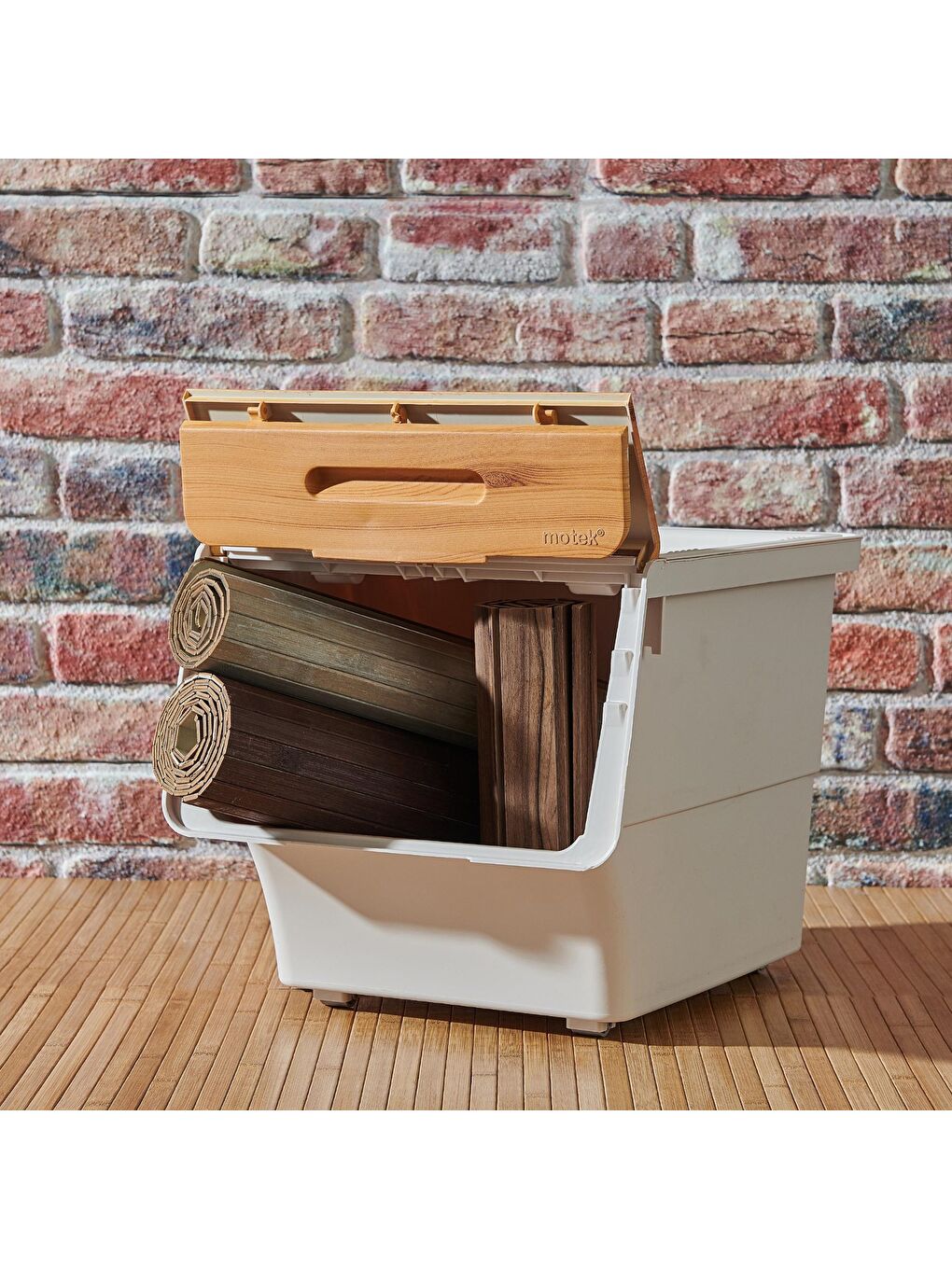 Motek Ekru 12 Litre Bambu Desen Tekerlekli Tekli Organizer 2 Adet - 2