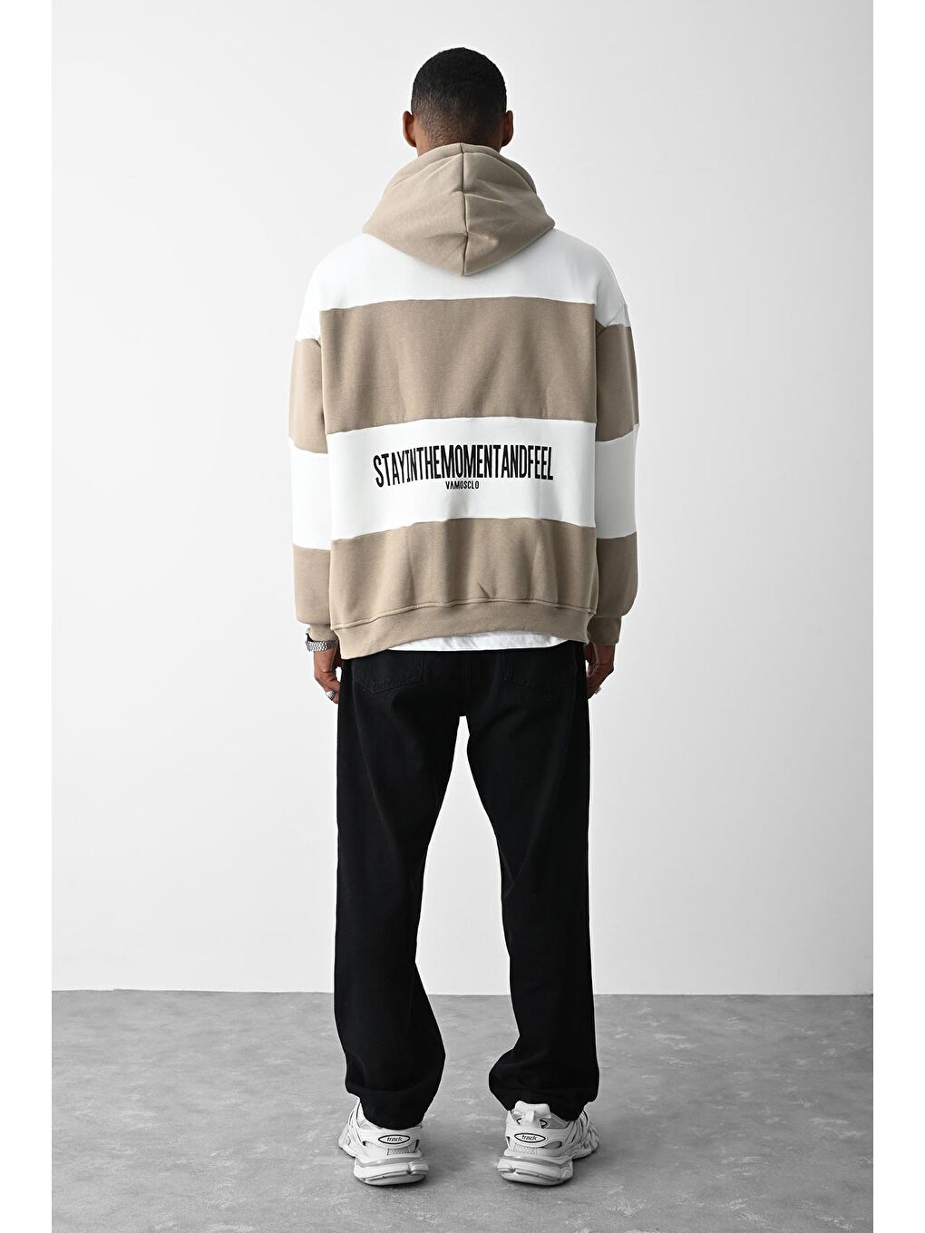 VAMOSCLO Vizon Şeritli Kapüşonlu Oversize Sweatshirt - 3