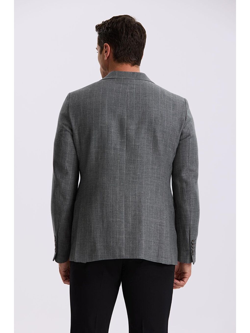 Gri Slim Fit Kırlangıç Yaka Çizgili Keten Pamuk Mevsimlik Ceket-3
