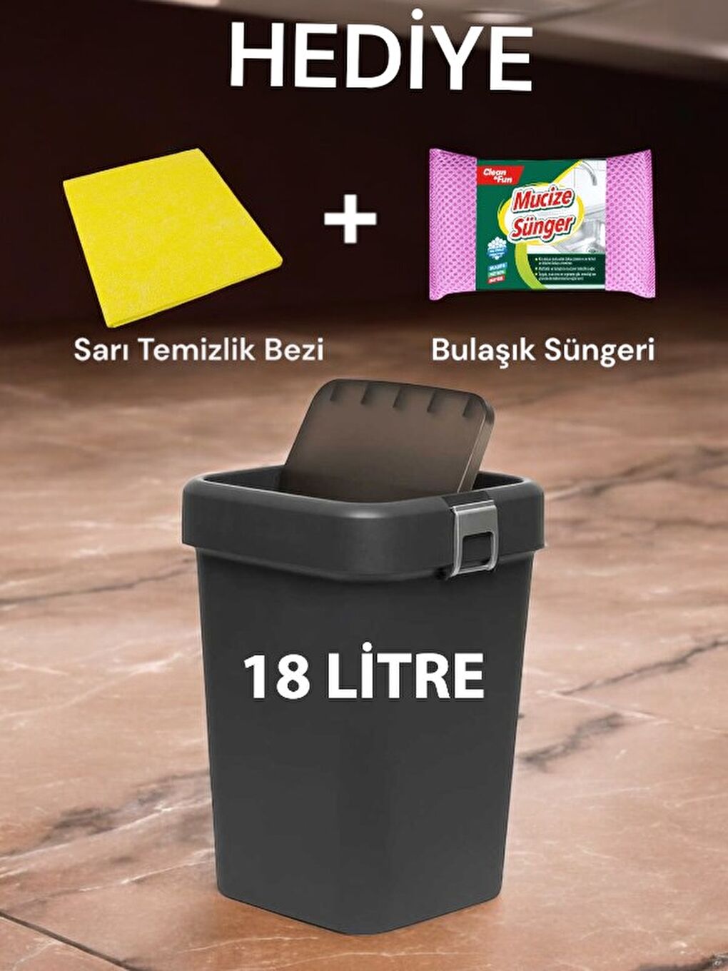 Motek Antrasit COB-411S 18 Litre Çöp Kutusu Kovası + Temizlik Seti