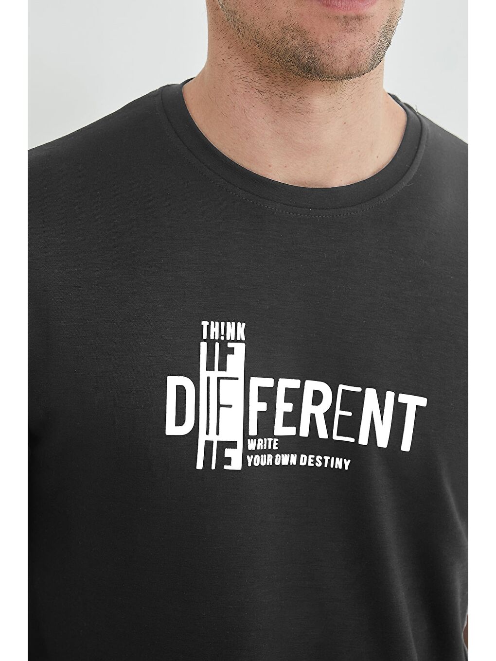 Antrasit Think Different Baskılı Bisiklet Yaka Modal Tişört-4