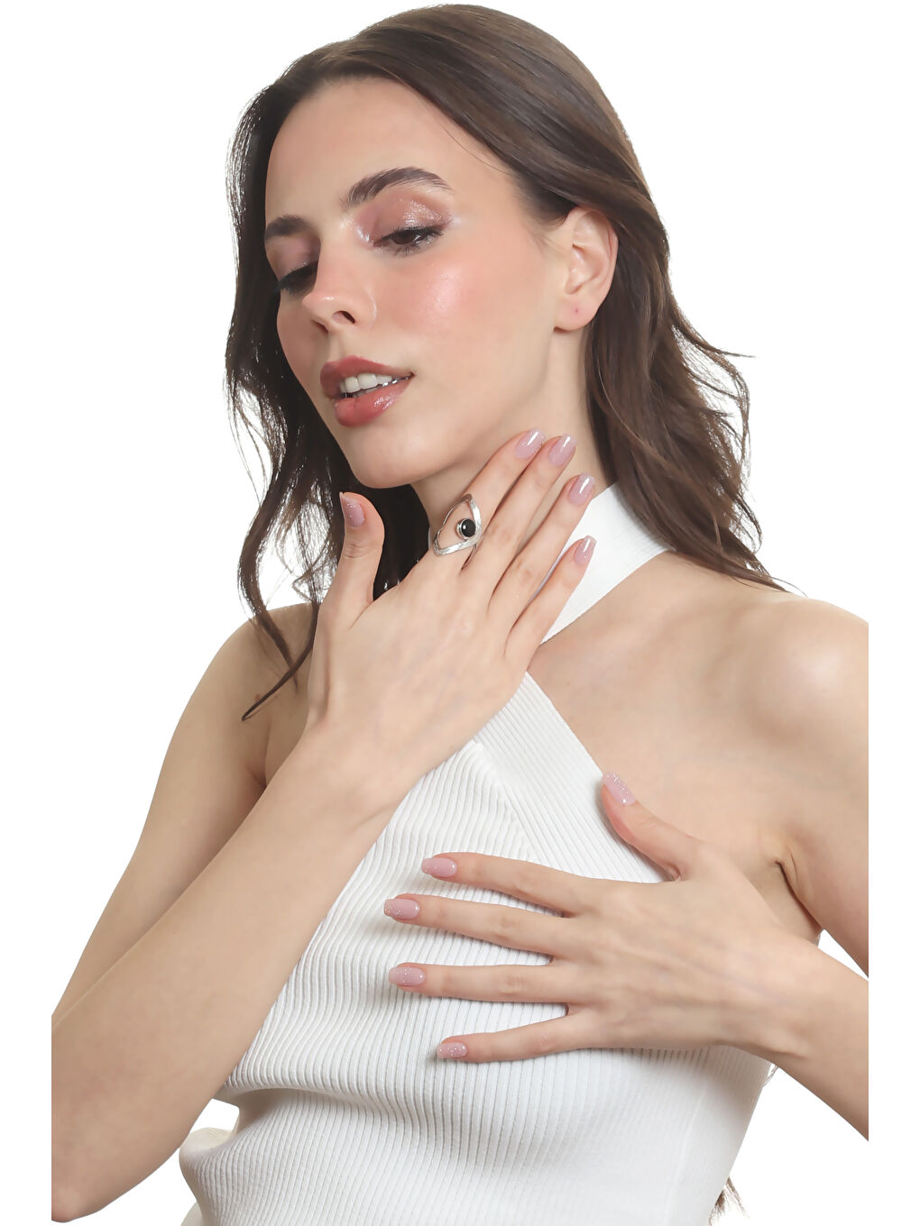 Gri Kadın Lak Gümüş Renk Kaplama Doğaltaşlı Ayarlanabilir El Yapımı Tasarım Yüzük-5