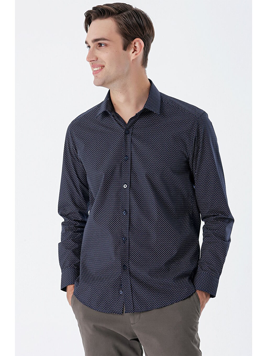 Lacivert Uzun Kollu Baskılı  Sert Yaka Cepsiz  Pamuklu Klasik Slim Fit Dar Kesim Gömlek 1004235146-1