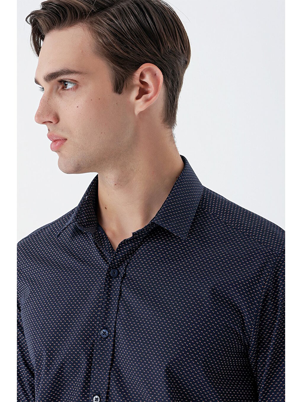 Lacivert Uzun Kollu Baskılı  Sert Yaka Cepsiz  Pamuklu Klasik Slim Fit Dar Kesim Gömlek 1004235146-4