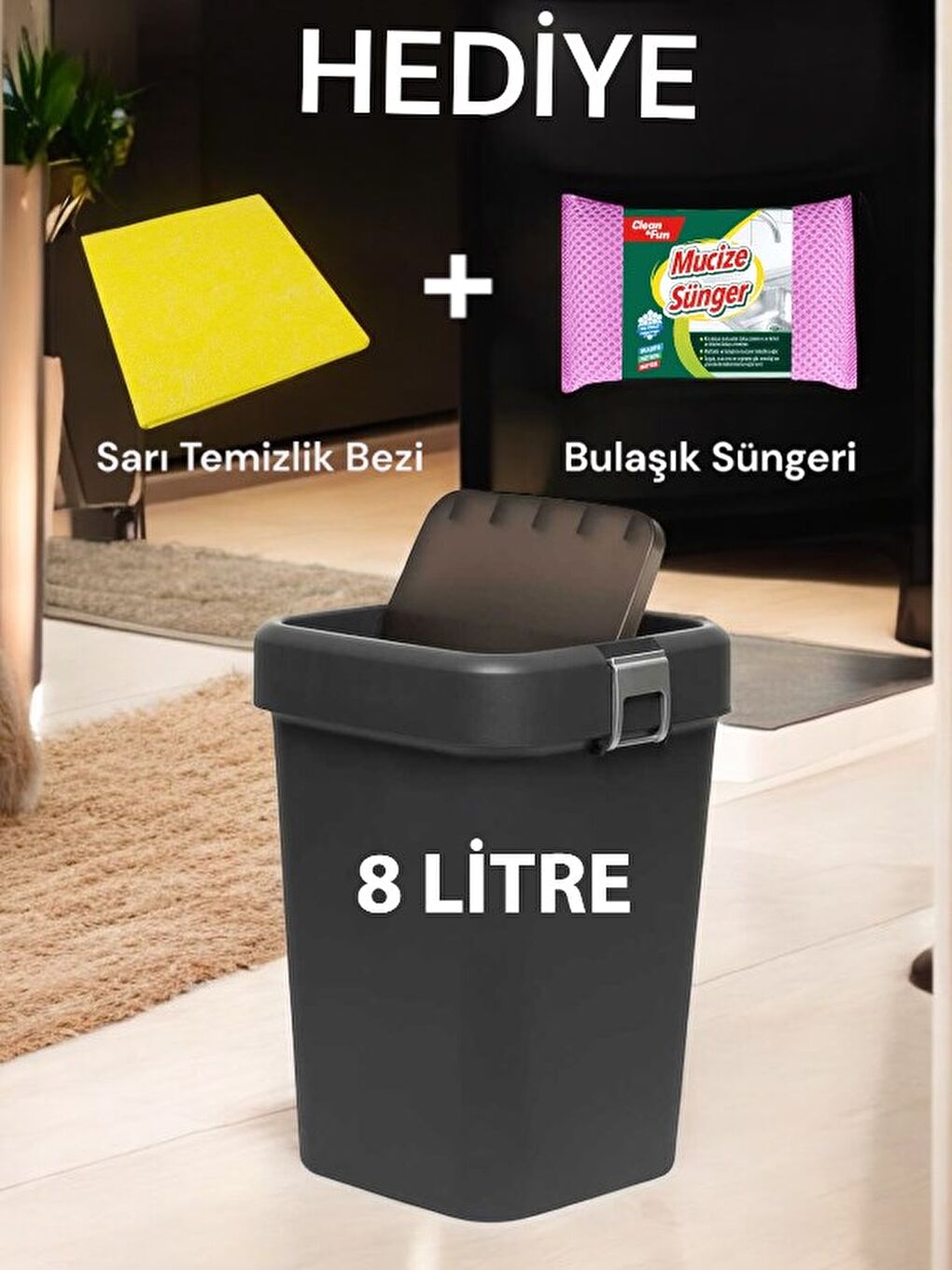 Motek Antrasit COB-410 8 Litre Çöp Kutusu Kovası + Temizlik Seti