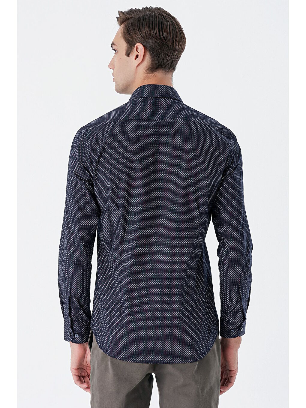 Lacivert Uzun Kollu Baskılı  Sert Yaka Cepsiz  Pamuklu Klasik Slim Fit Dar Kesim Gömlek 1004235146-5