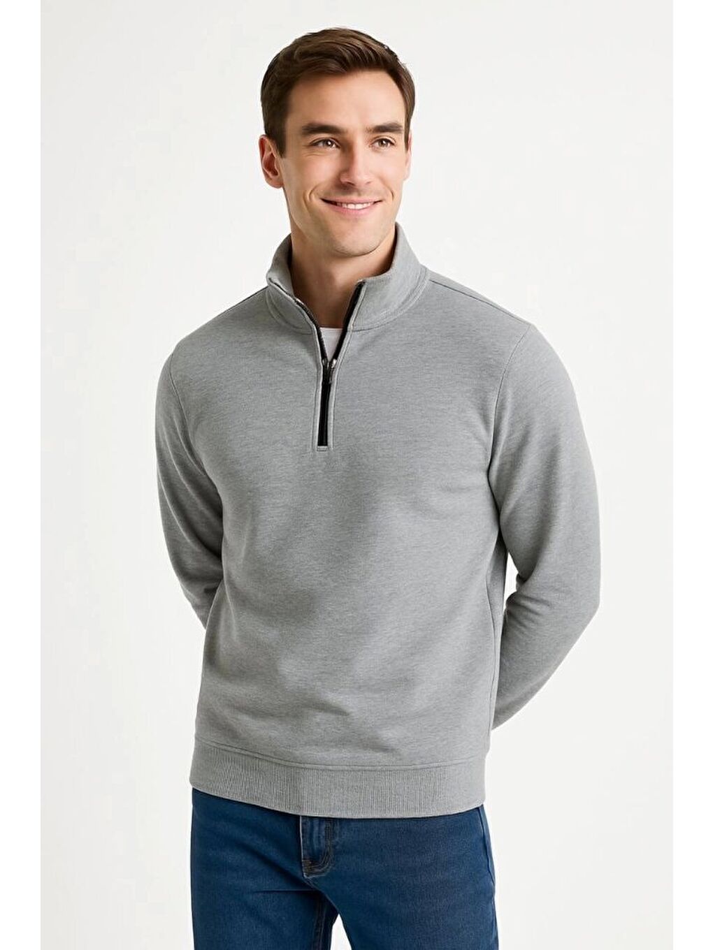 Erkek Dik Yaka Sweatshirt Dik Yaka Yarım Fermuarlı 3 İplik Şardonlu Pamuk Kumaş - Gri