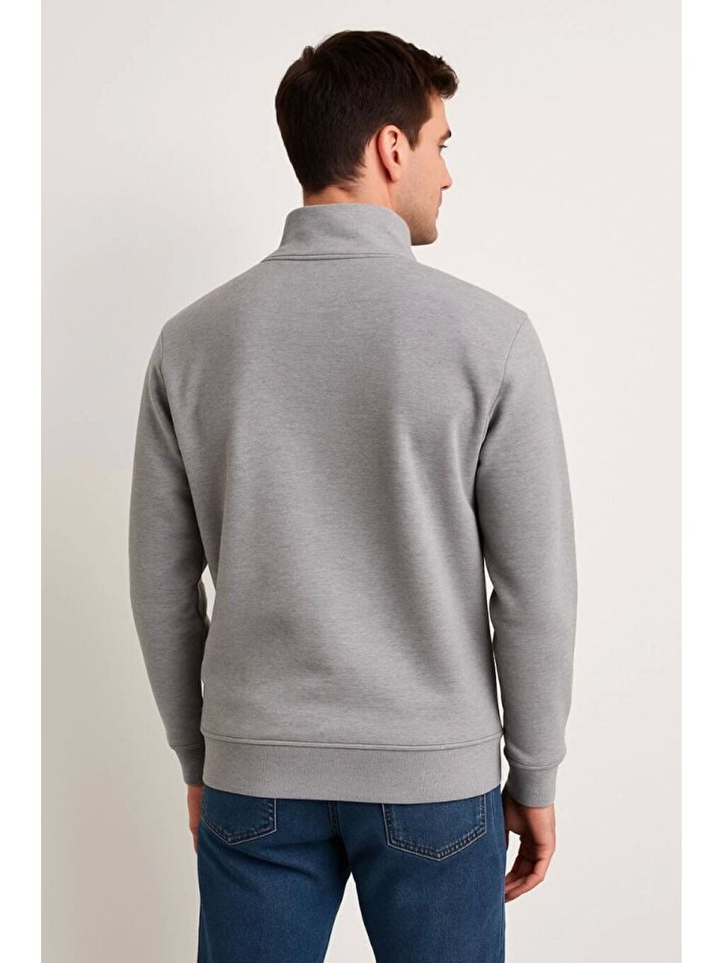 Erkek Dik Yaka Sweatshirt Dik Yaka Yarım Fermuarlı 3 İplik Şardonlu Pamuk Kumaş - Gri-1