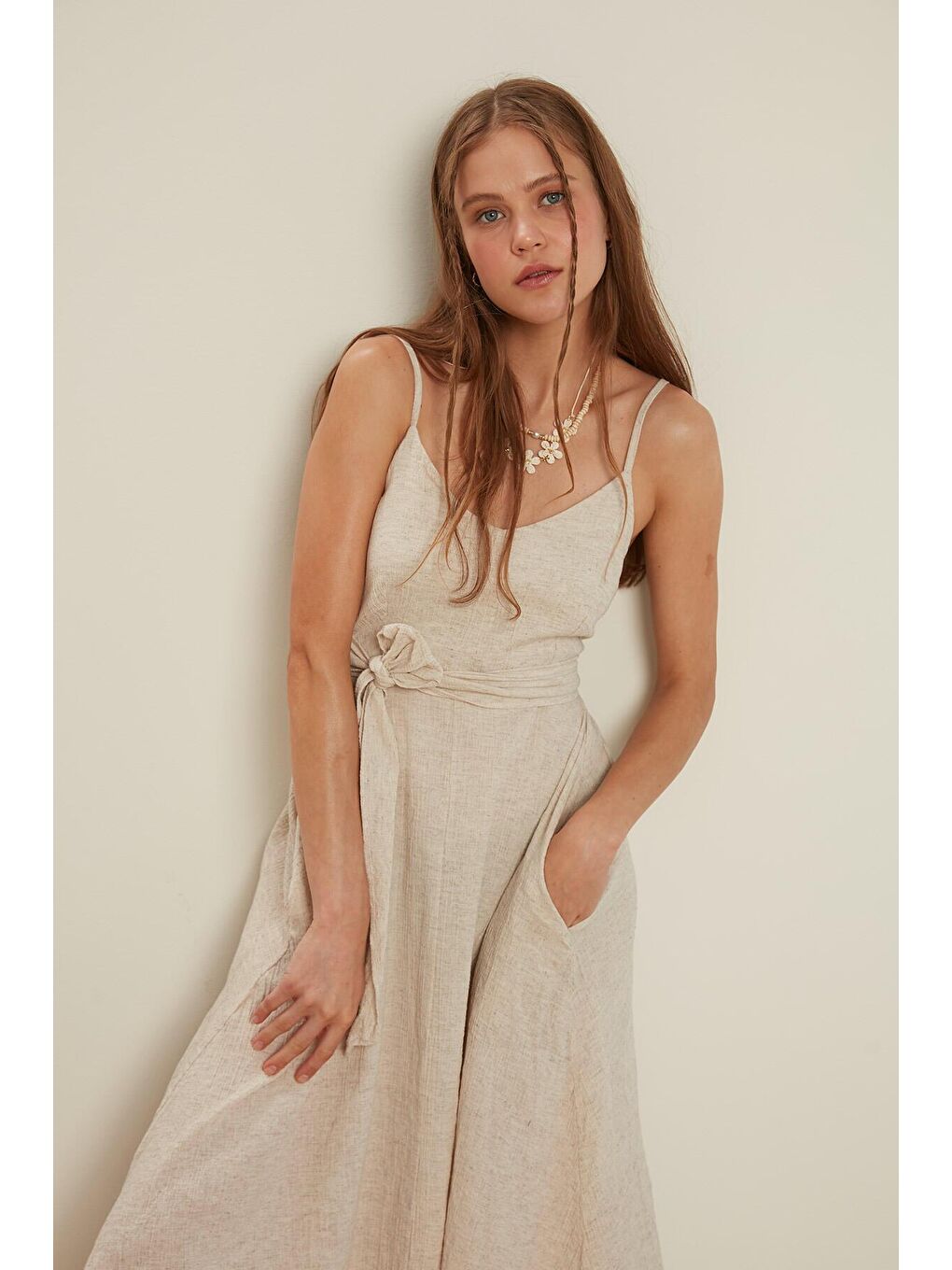 Bej Pamuklu Krınkıl Elbise Natural-1